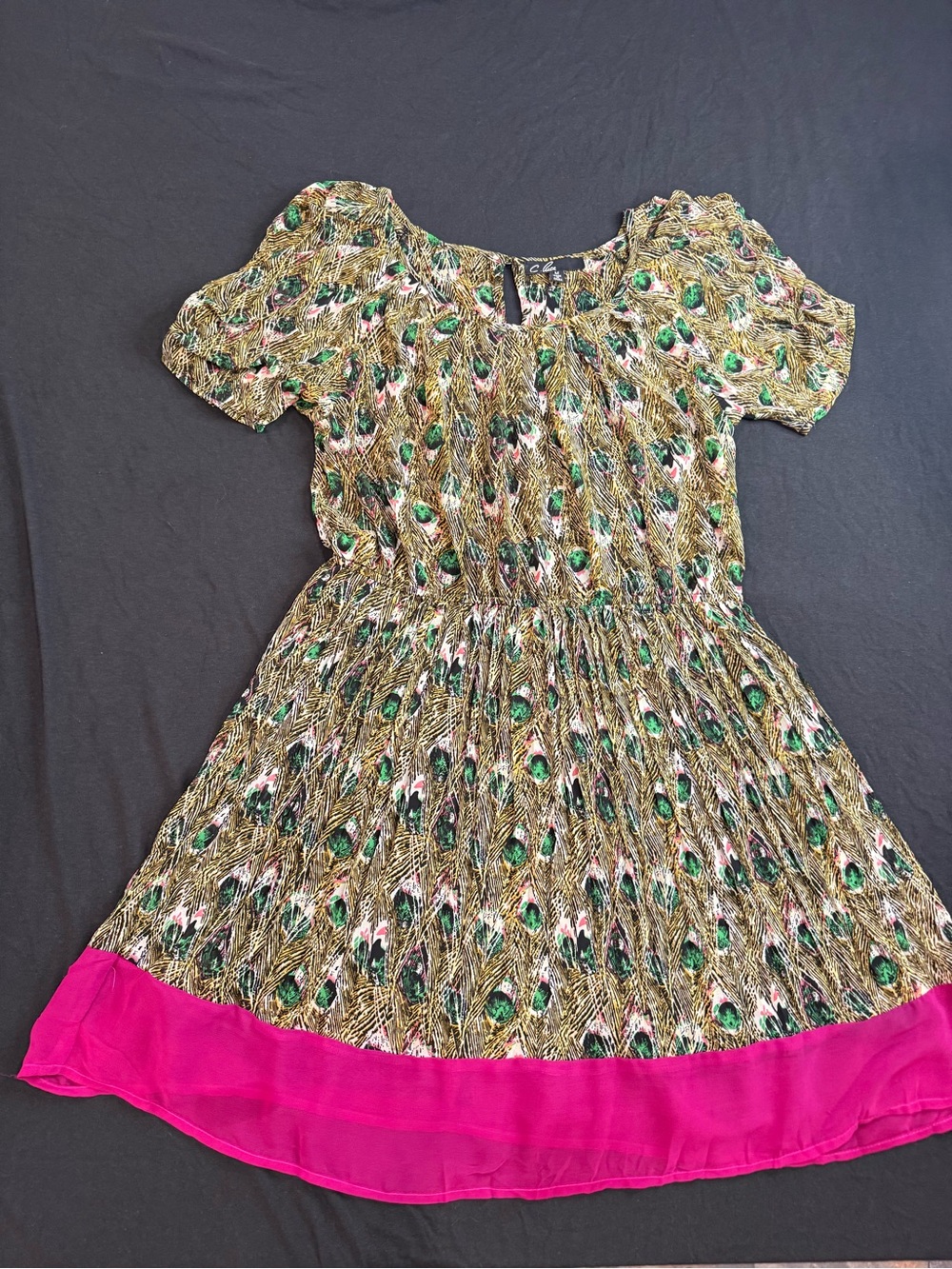 C. Luce Green Peacock Print Dress with Pink Hem